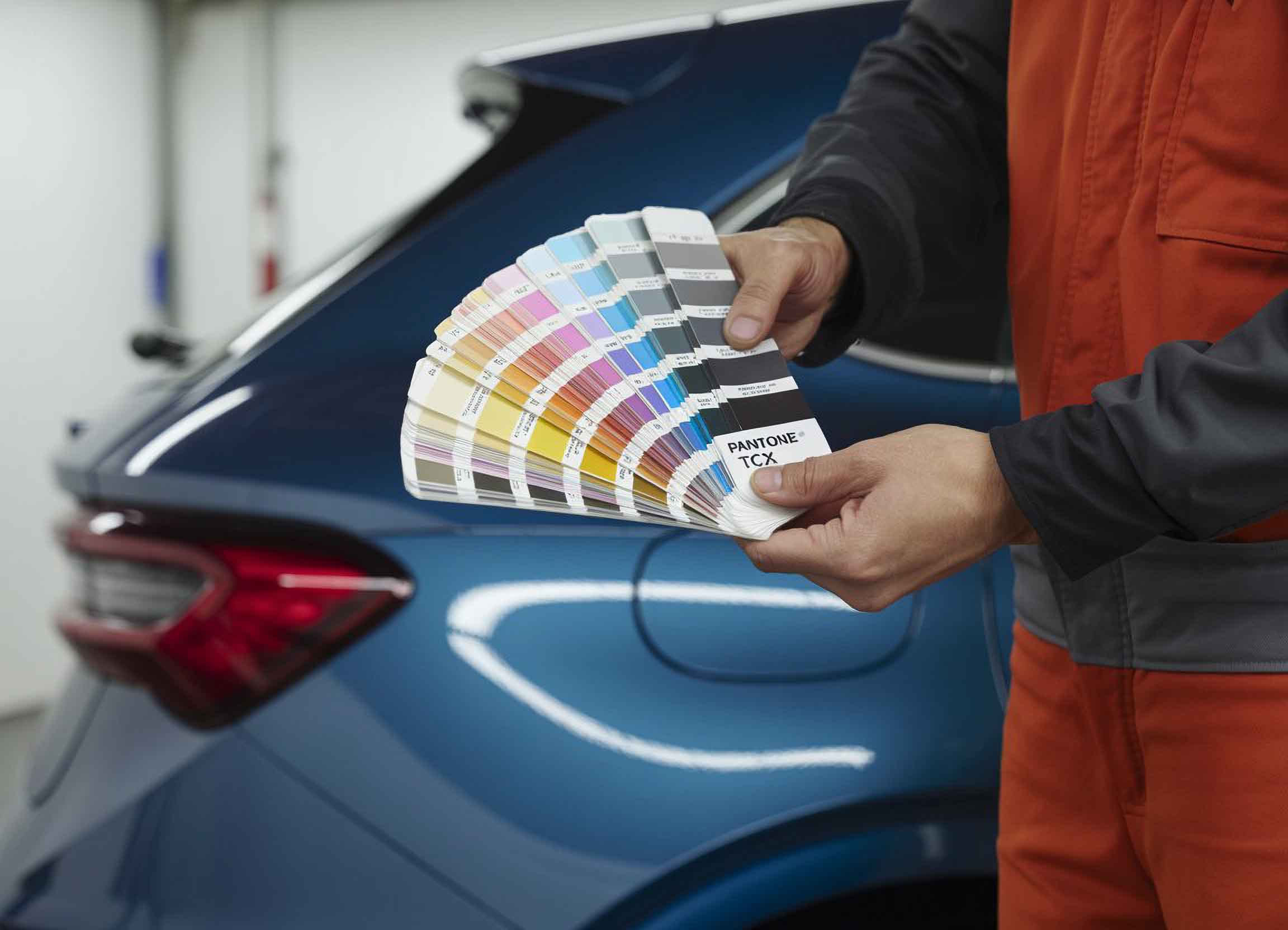 Technician holding pantone paint swatches - auto paint repair - browns collision center 