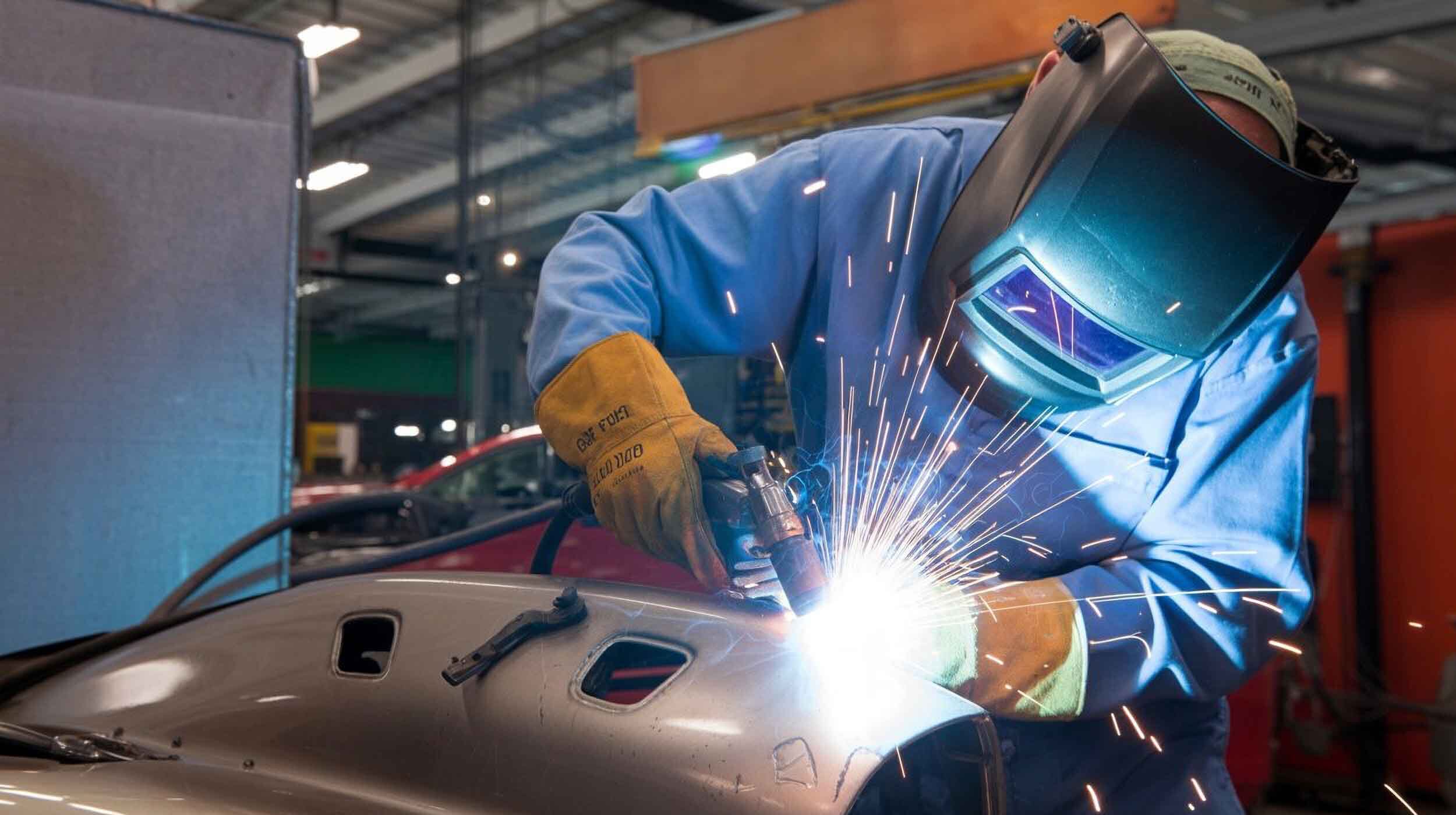 technician in full protective gear welding vehicle fender – auto body repair pawcatuck – Browns Collision Center technician in full protective gear welding vehicle fender - auto body repair pawcatuck - Browns Collision Center