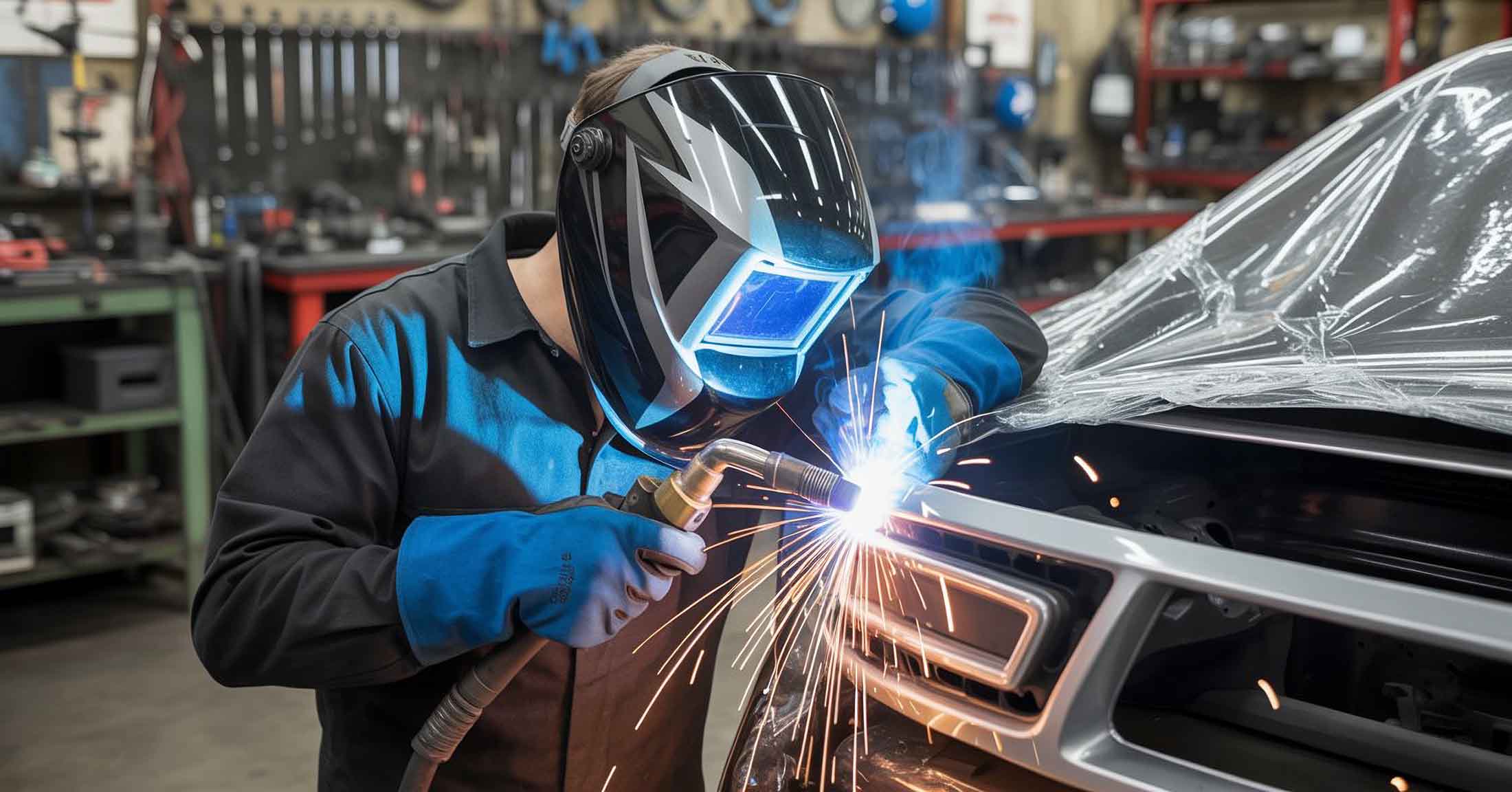 Technician in full protective gear with welding hood on welding front of vehicle – auto body repair pawcatuck – browns collision center Technician in full protective gear with welding hood on welding front of vehicle - auto body repair pawcatuck - browns collision center