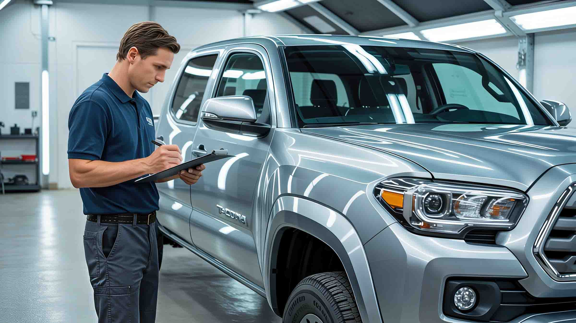 Estimator walking around silver toyota tacoma with clipboard inspecting damage - auto body repair pawcatuck - browns collision center 
