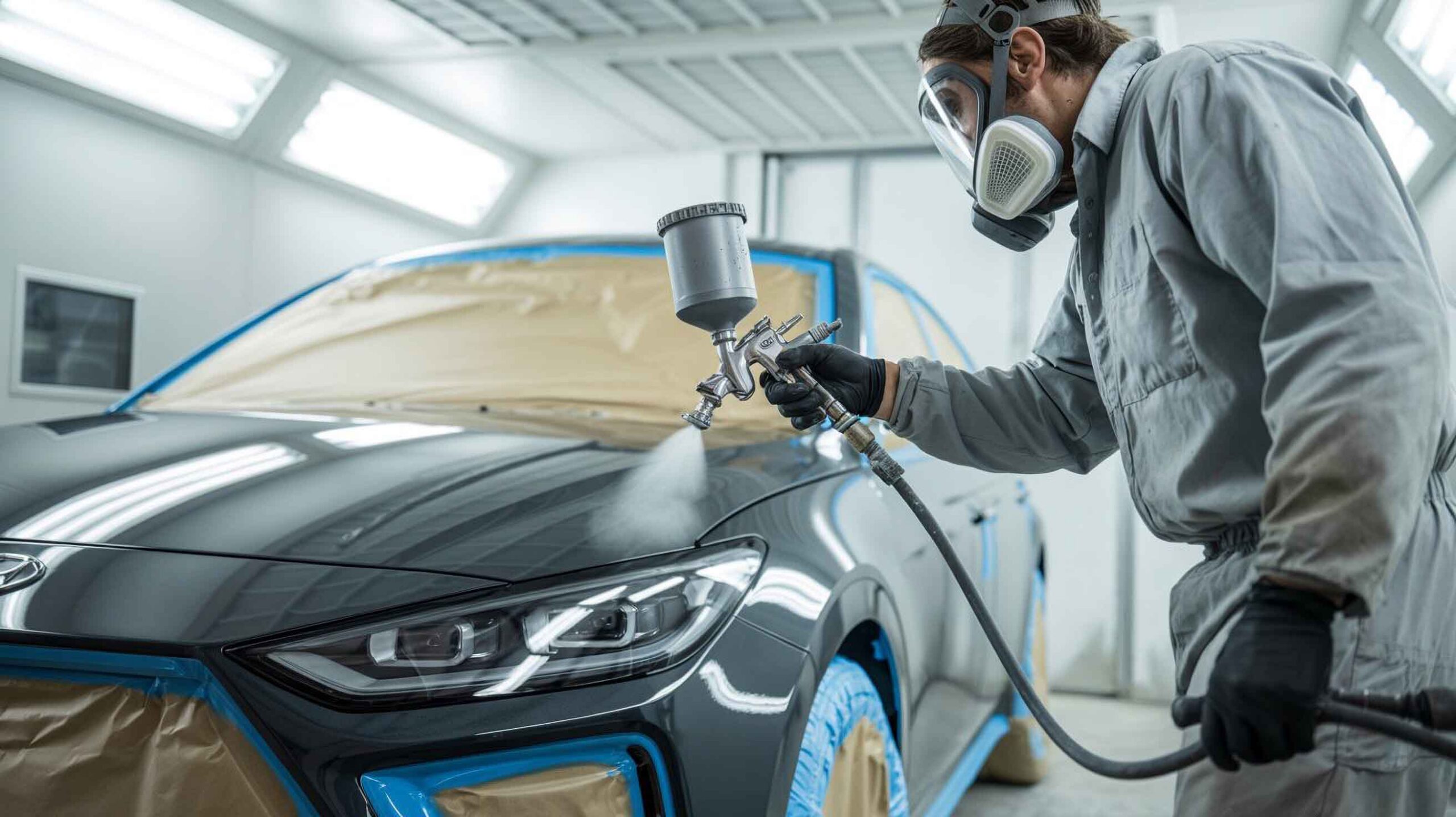 Painter in booth spraying grey electric vehicle - electric vehicle collision repair - browns collision center 