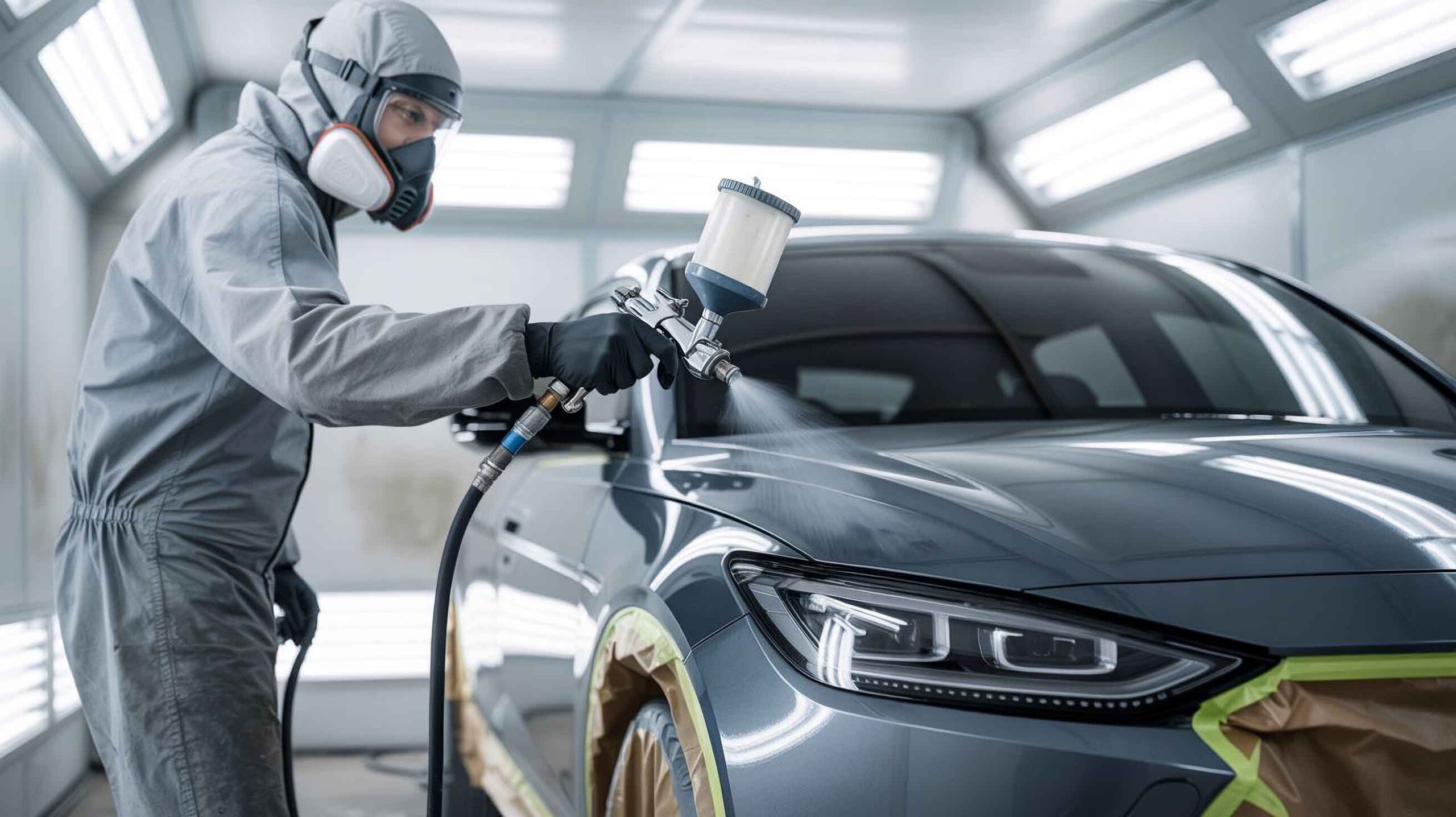 Painter in booth spraying grey sedan for ev vehicle repair - auto paint repair - browns collision center 