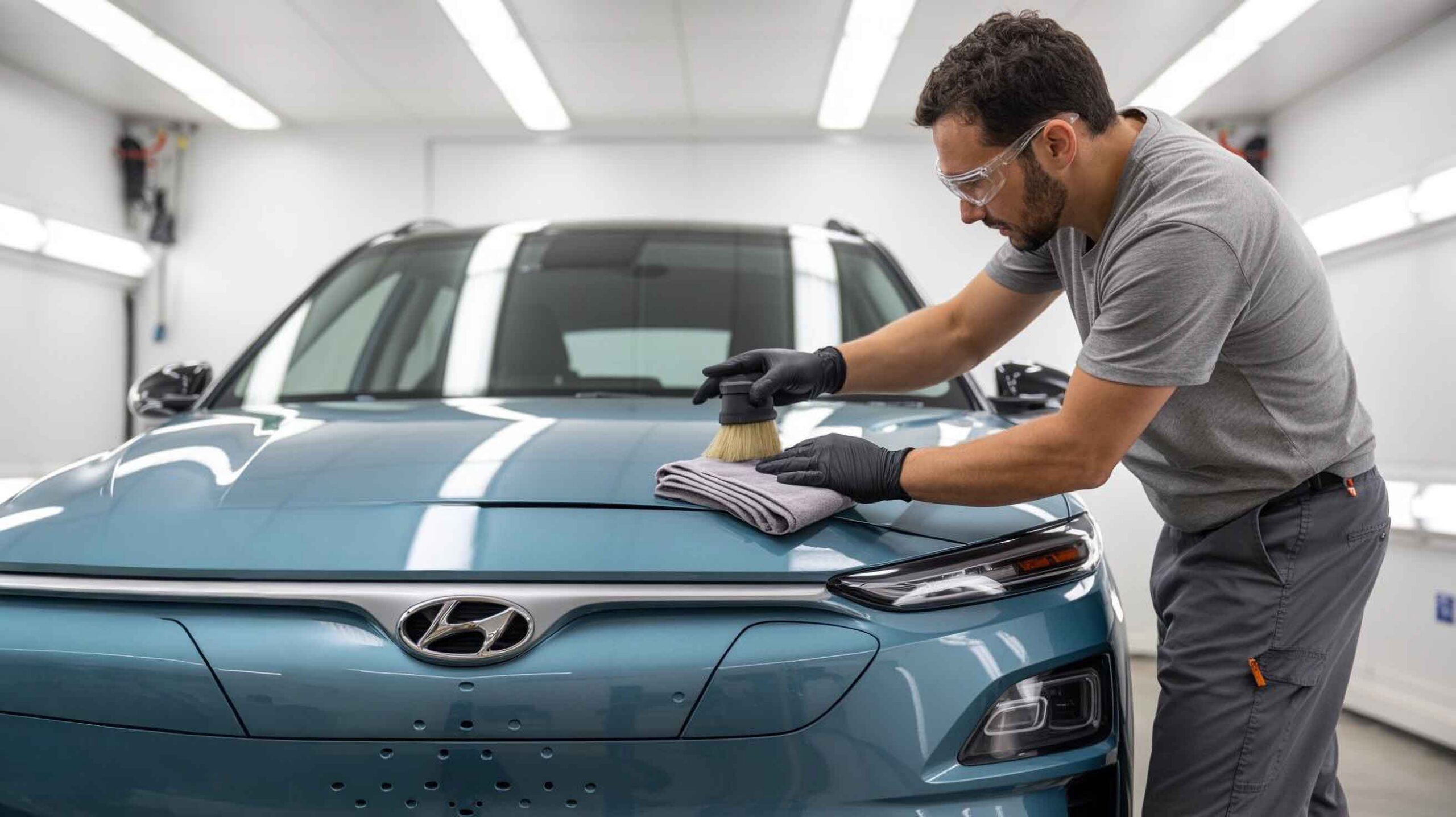 Technician Cleaning hood of hyundai ev - electric vehicle collision repair - browns collision center 