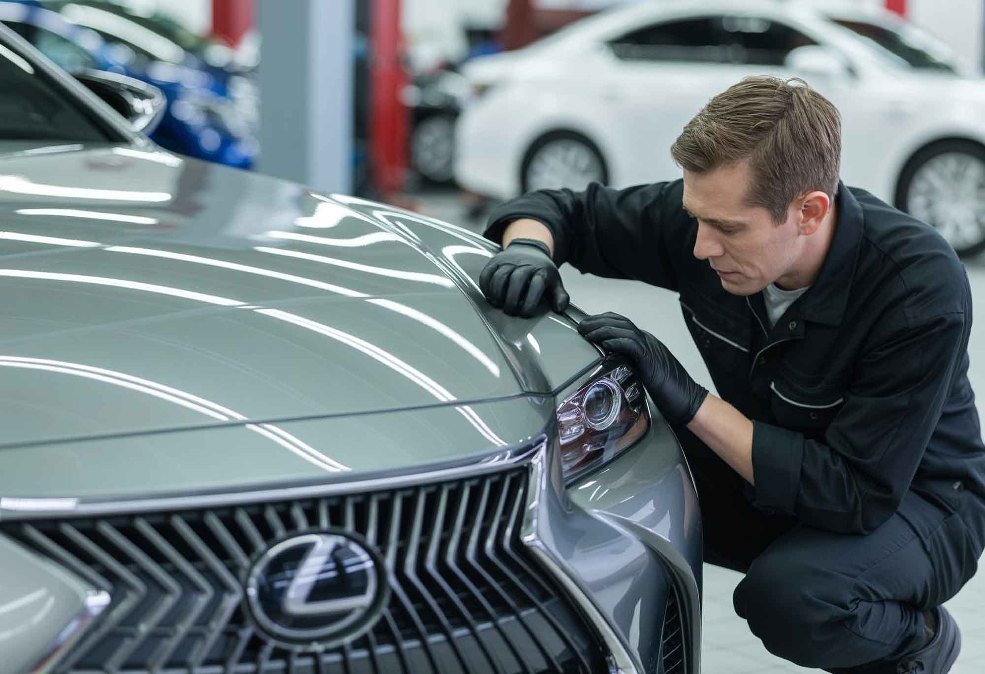 technician inspecting hood and fender gap of lexus sedan – collision repair services – browns collision center technician inspecting hood and fender gap of lexus sedan - collision repair services - browns collision center