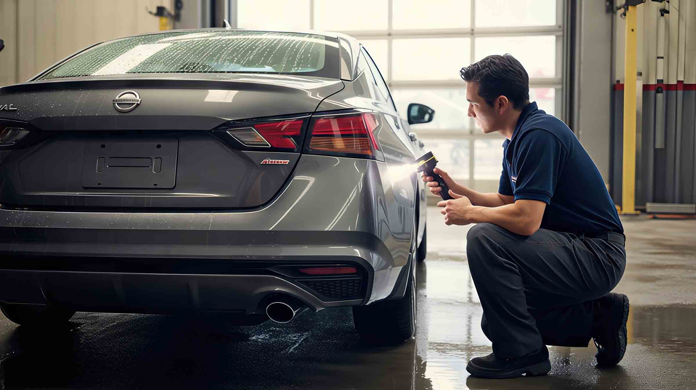 technician inspecting rear bumper of silver nissan sedan - auto body repair pawcatuck - browns collision center 