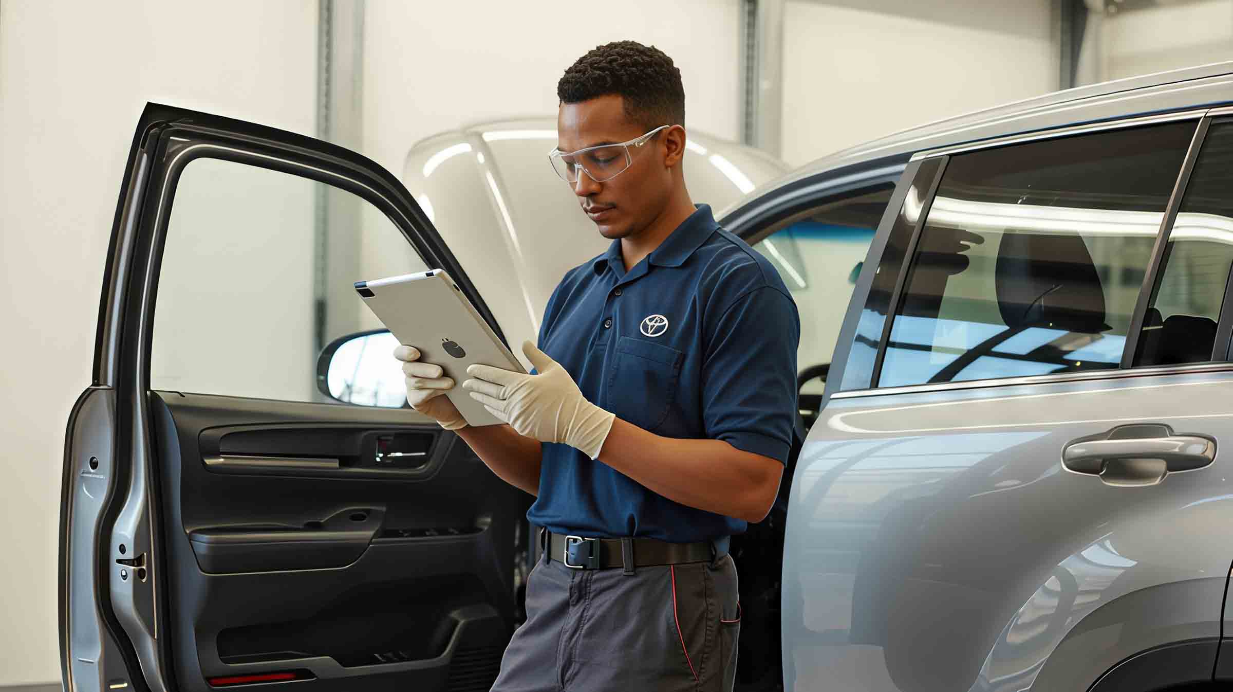 Technician on tablet standing in drivers door of silver suv - auto body repair pawcatuck - browns collision center