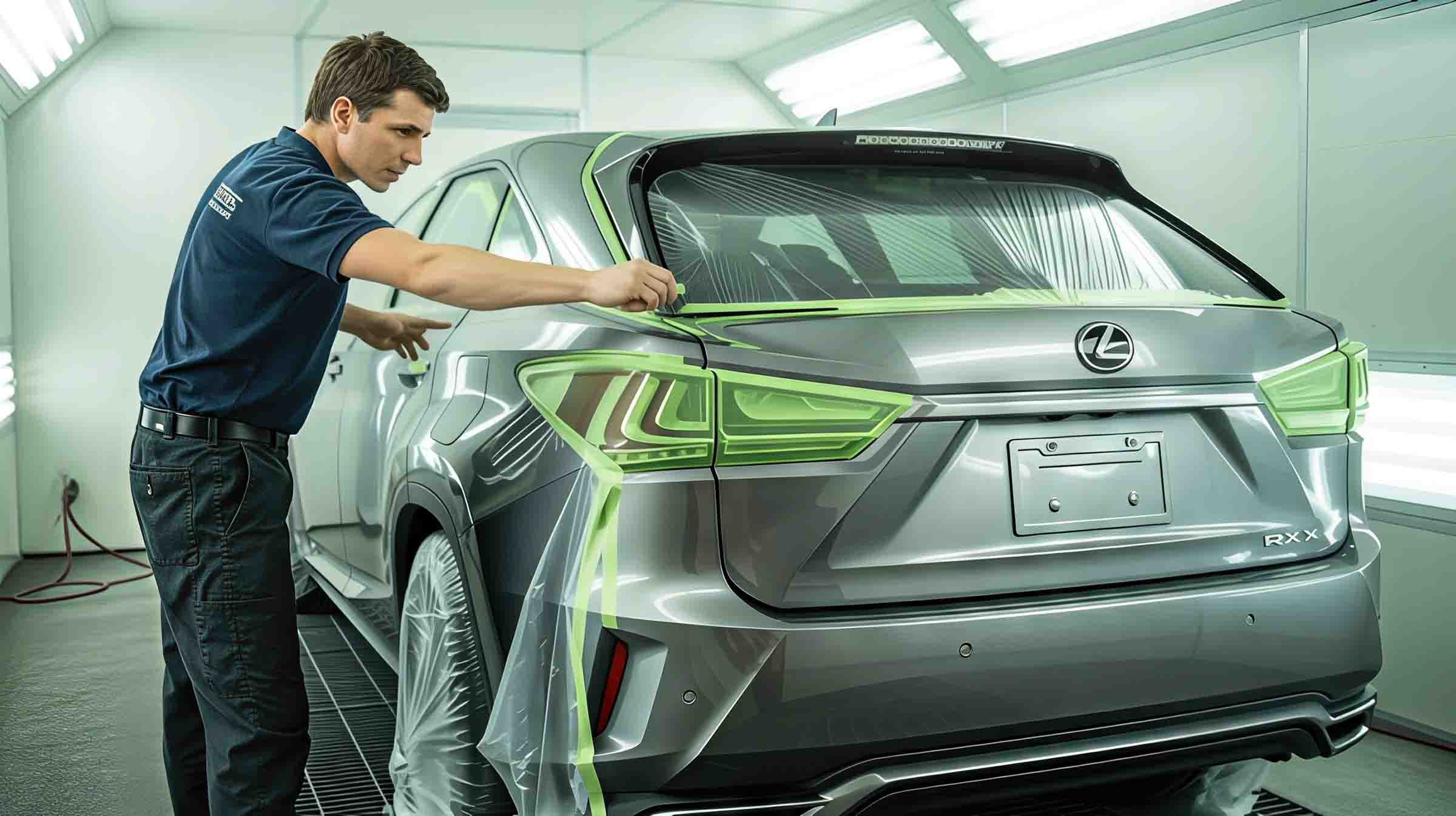 Technician taping and prepping silver lexus suv for auto paint repair - auto body repair pawcatuck - browns collision center 