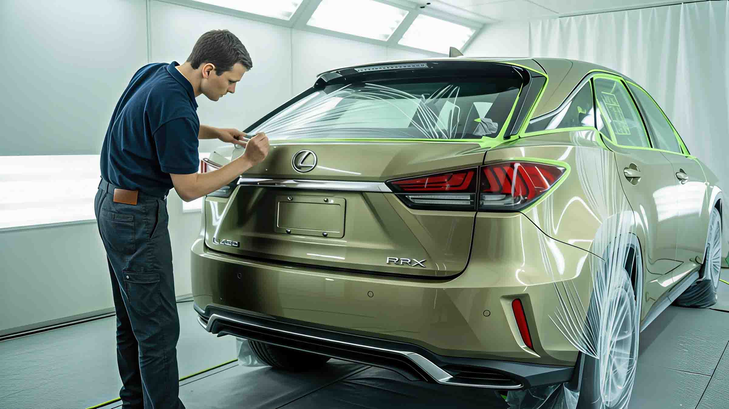 Technician taping up lexus suv for auto paint repair - auto body repair pawcatuck - browns collision center 