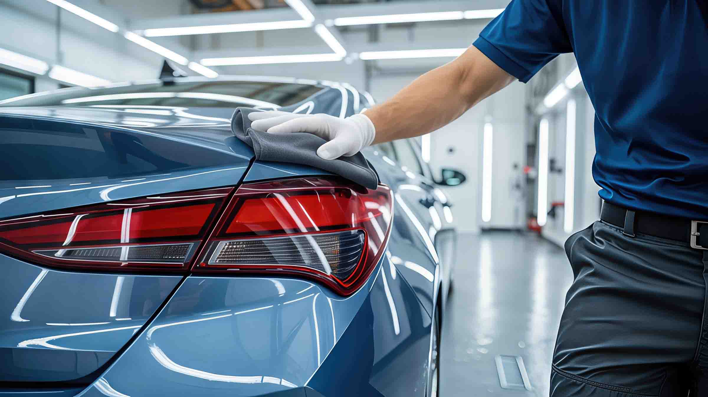 technician wiping down quarter panel of blue sedan with microfiber towel - auto paint repair - browns collision center 