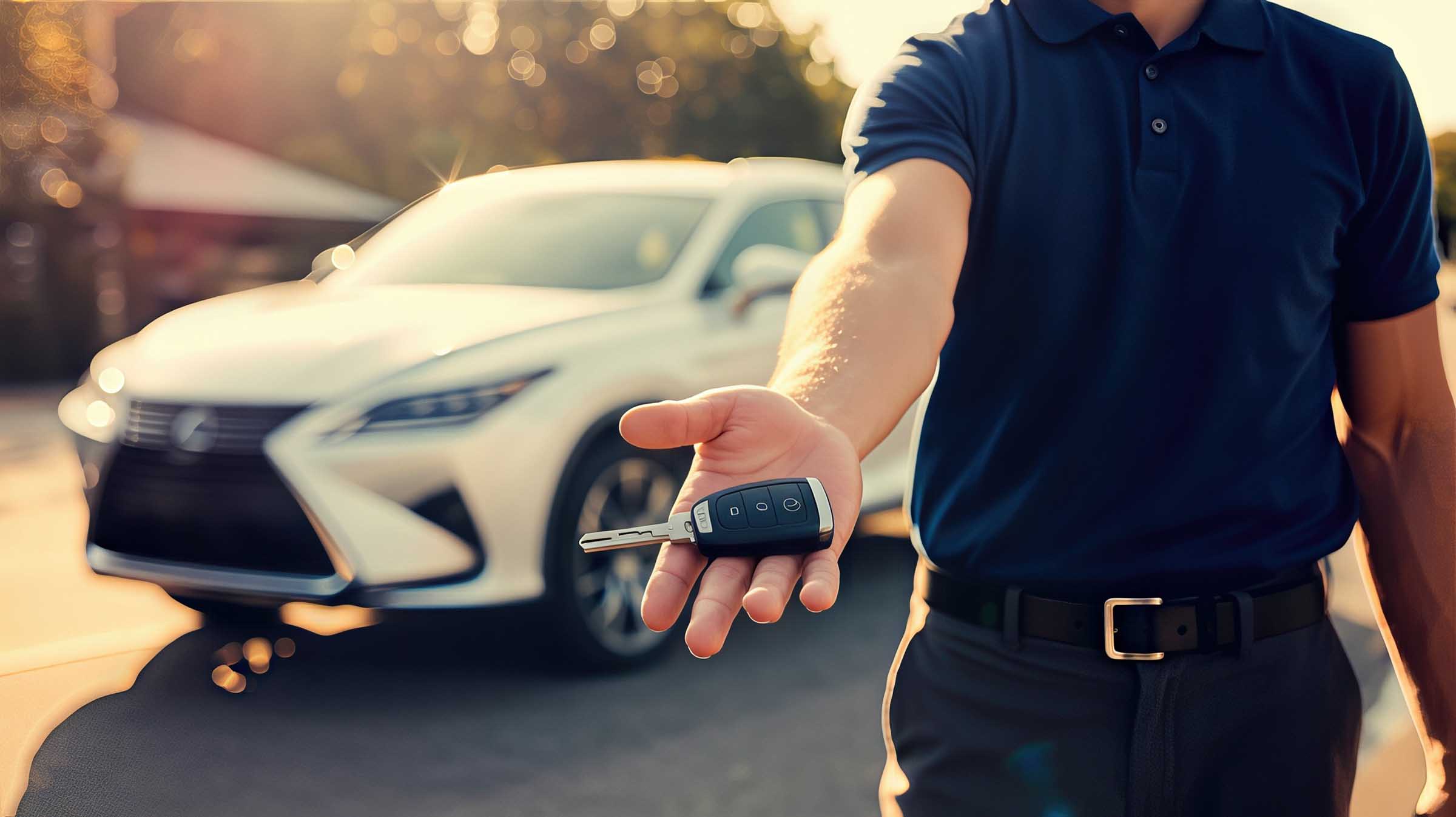 White lexus key being handed over after repair - electric vehicle collision repair - browns collision center 