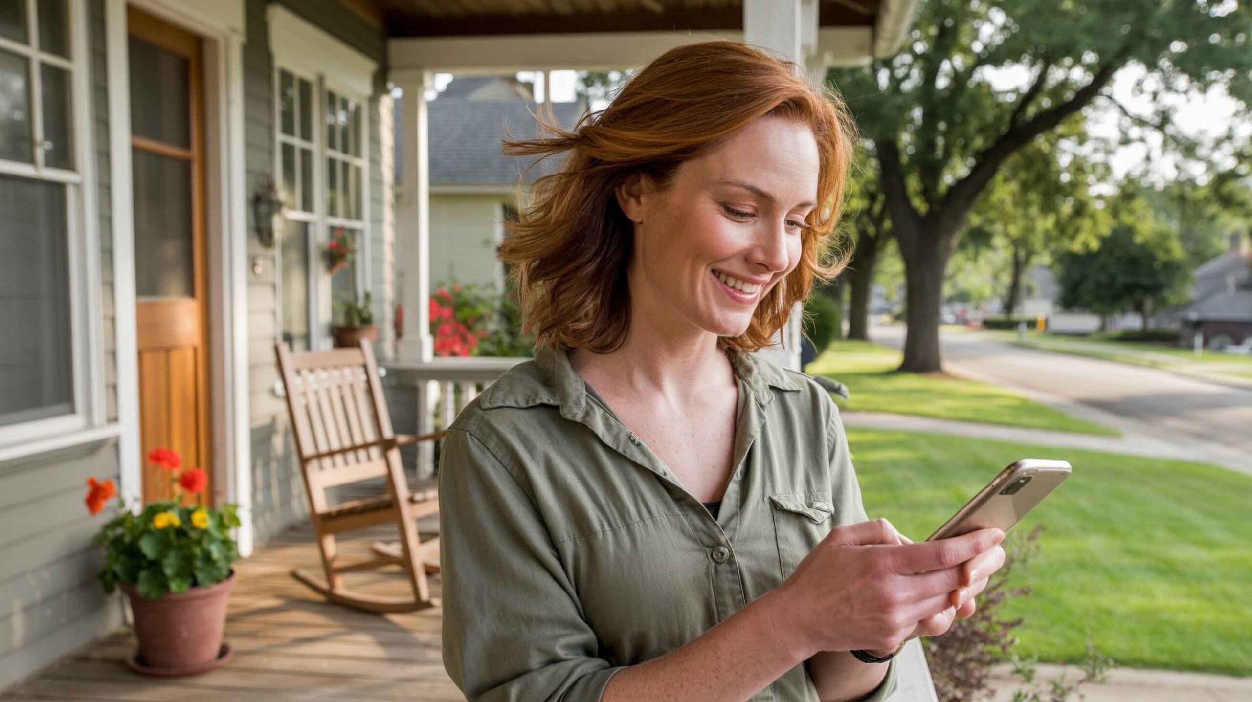 woman smiling looking at her cellphone - auto body repair pawcatuck - browns collision center 